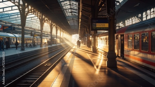 Perspective view of a platform in Lucerne Central Railway Station with sunlight cast on trains parking by the platform & passengers hurrying for boarding~A beautiful corner in Lucern Railroad Terminal