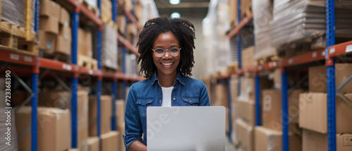 Cheerful woman with glasses using a laptop in a well-stocked warehouse, embodying efficient logistics photo