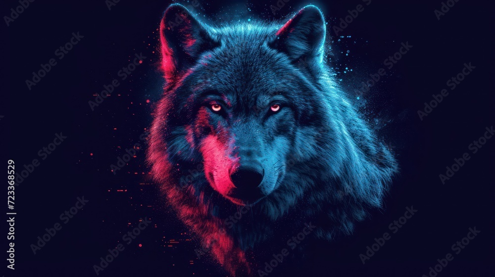 a close up of a wolf's face with red and blue light coming out of it's eyes and on it's face is a black background. a close up of a wolf's face with red and blue light coming out of it's eyes and on it's face is a black background.