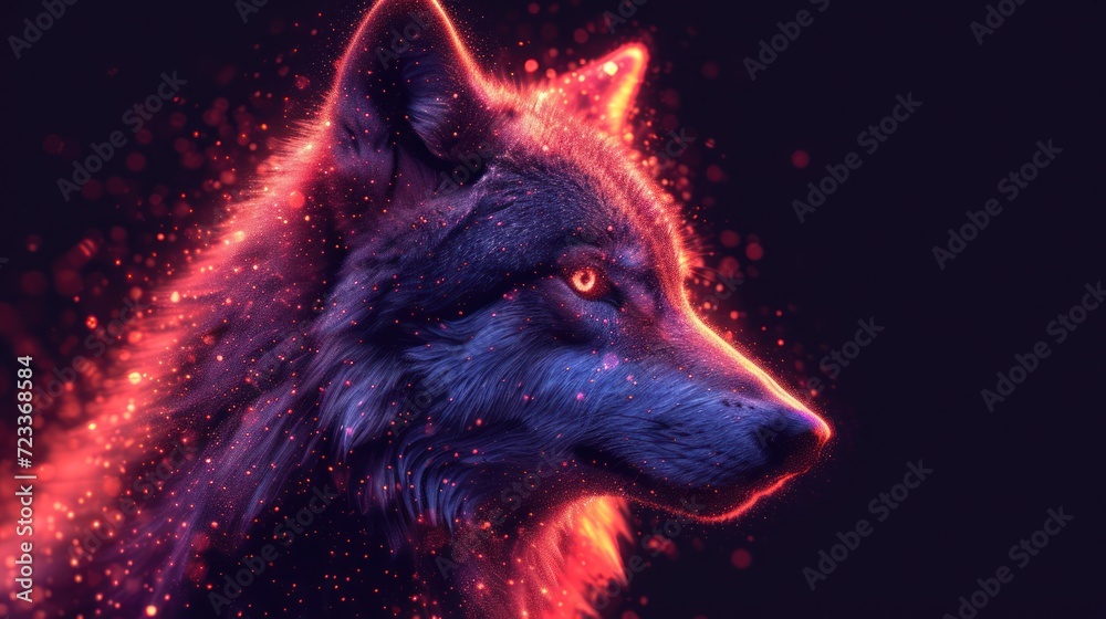  a close up of a wolf's face on a black background with red and blue streaks of light coming out of the wolf's back of it's head.