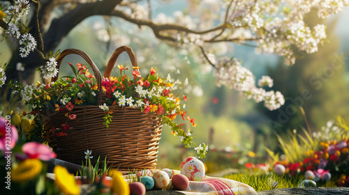 Quaint Picnic Setting  Decorated Eggs and Flowers for a Charming Easter