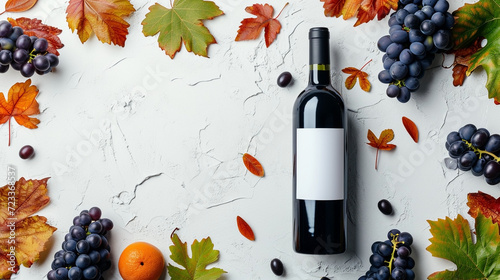 This elegantly composed flat lay features a bottle of red wine with a blank label, surrounded by an assortment of ripe grapes, autumn leaves, and a tangerine, all set against a crisp white background.