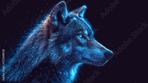  a close up of a wolf's head on a black background with blue and red lights coming out of it's eyes and a blurry image of the wolf's head.