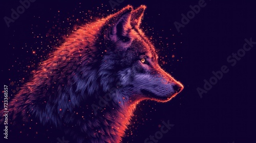  a close up of a wolf s head with red and purple paint splatters on the side of the wolf s head and the wolf s head.