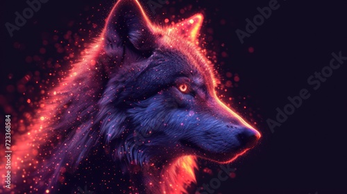  a close up of a wolf's face on a black background with red and blue streaks of light coming out of the wolf's back of it's head.