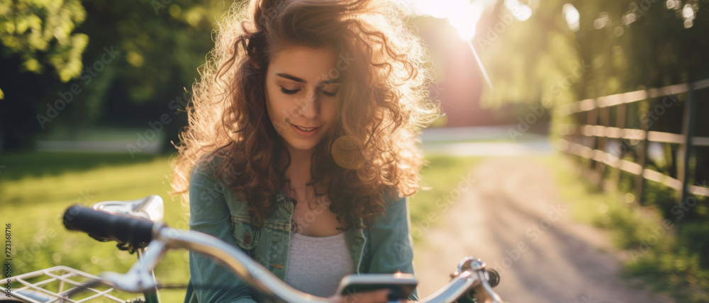 Fototapeta premium Curly-haired woman checking her phone on a sunlit path with her bicycle