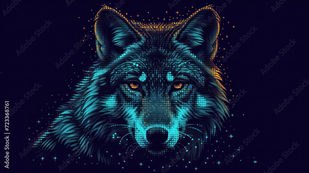 a close up of a wolf's face on a dark background with a pattern of stars and circles around the wolf's head and the wolf's eyes. a close up of a wolf's face on a dark background with a pattern of stars and circles around the wolf's head and the wolf's eyes.
