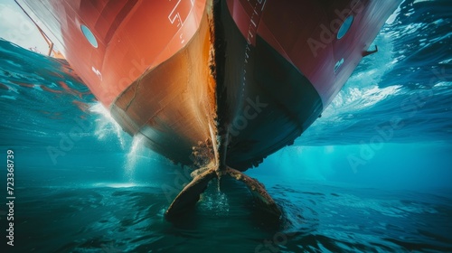 Propeller and rudder of big ship underway from underwater. Close up image detail of ship. Transportation industry. Freight transportation. Ship repair, underwater survey and shipping business concept photo
