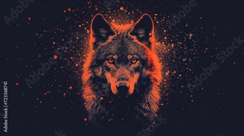  a close up of a wolf's face on a black background with orange and red lights in the middle of the image and the wolf's head looking at the camera.