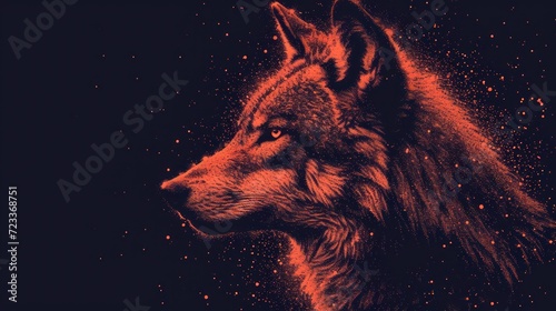  a close up of a wolf's head on a black background with red and black stars in the sky behind it and the wolf's head is looking to the left. photo