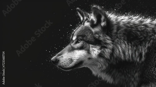  a black and white photo of a wolf's head with snow flakes all over it's fur and a black background with a white wolf's head in the foreground.