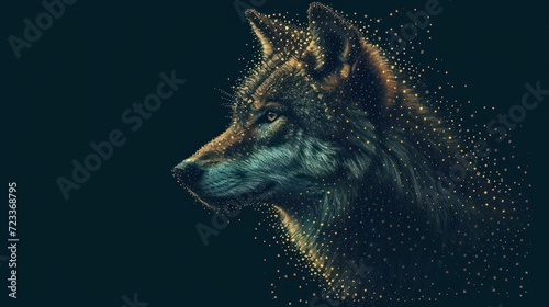  a close up of a wolf s head with a lot of small dots on the back of the wolf s head and the wolf s head is looking to the left.