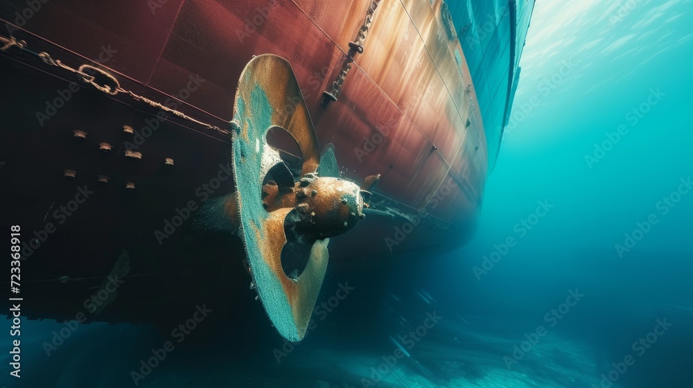 Propeller and rudder of big ship underway from underwater. Close up image detail of ship. Transportation industry. Freight transportation. Ship repair, underwater survey and shipping business concept - obrazy, fototapety, plakaty 