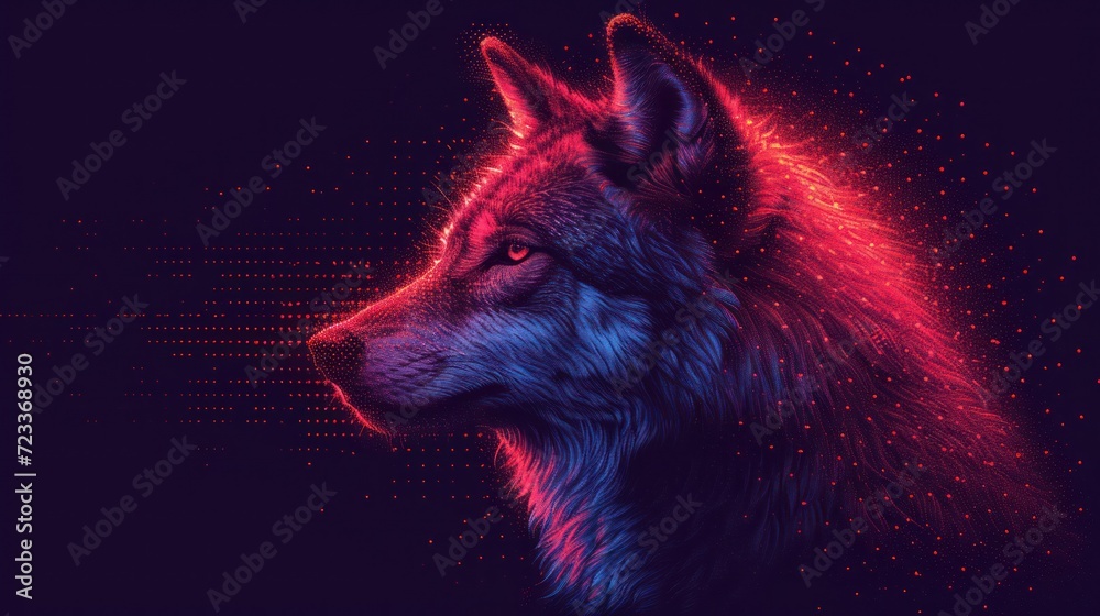  a close up of a wolf's head on a dark background with a red and blue light coming from the left side of the wolf's head and the left side of the wolf's head.