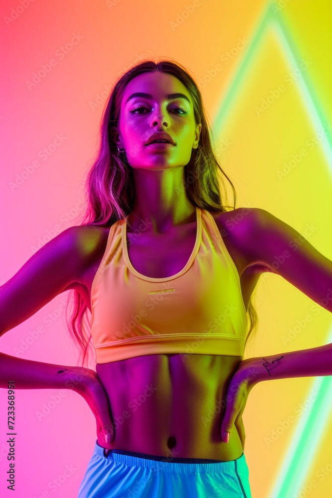 High Fashion model woman in colorful bright lights posing in studio, portrait of beautiful sexy girl with trendy make-up. Art design. Over colourful vivid background. young woman in multicolor lights. High Fashion model woman in colorful bright lights posing in studio, portrait of beautiful sexy girl with trendy make-up. Art design. Over colourful vivid background. young woman in multicolor lights.