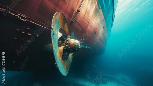 Propeller and rudder of big ship underway from underwater. Close up image detail of ship. Transportation industry. Freight transportation. Ship repair, underwater survey and shipping business concept photo