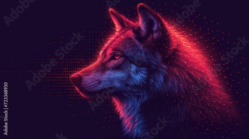  a close up of a wolf s head on a dark background with a red and blue light coming from the left side of the wolf s head and the left side of the wolf s head.