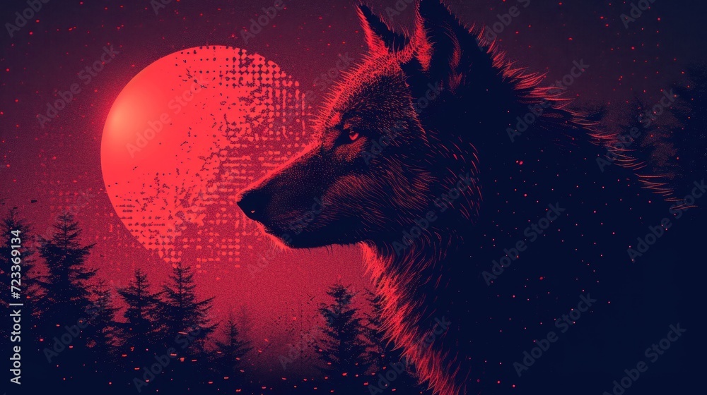  a painting of a wolf in front of a red and black background with a half moon in the middle of the picture, and trees in the foreground, and a half moon in the middle of the foreground. - obrazy, fototapety, plakaty 