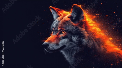  a close up of a wolf's face on a black background with orange and red light coming out of the back of the wolf's head and the wolf's head.