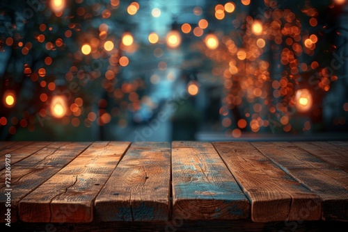 A rustic table stands illuminated by the soft glow of string lights against a dark night sky, creating a warm and inviting outdoor atmosphere