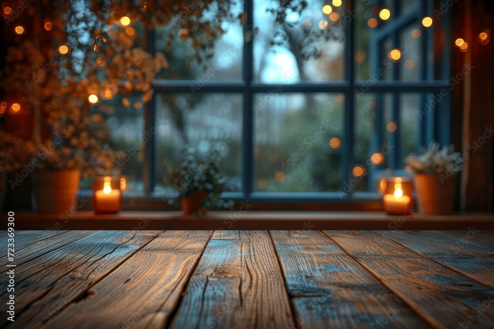 A cozy, indoor wooden table illuminated by the warm glow of candles in front of a window, creating a peaceful and inviting atmosphere A cozy, indoor wooden table illuminated by the warm glow of candles in front of a window, creating a peaceful and inviting atmosphere