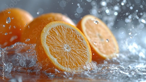  a group of oranges sitting on top of a table next to a bunch of water splashing off of the top of the top of the whole oranges.