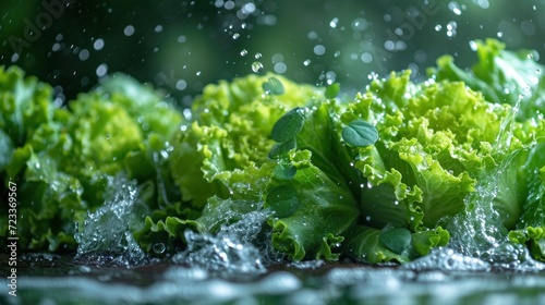  a close up of a bunch of lettuce with drops of water on the leaves and on the ground next to it is a green leafy plant with leaves.