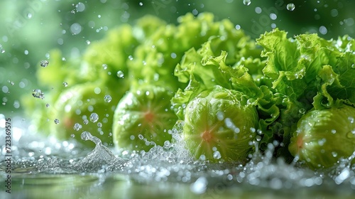  a close up of a bunch of lettuce on a table with water droplets on the surface and a green leafy plant in the middle of the picture.