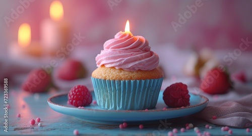 A single cupcake  adorned with swirls of buttercream icing and colorful sprinkles  holds a flickering candle as a symbol of celebration and the sweet joy of indulging in a homemade treat