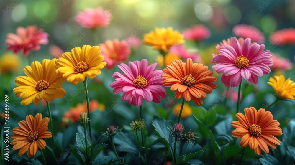 a bunch of colorful flowers that are in a field of green leaves and flowers are in the foreground, and a blurry background is in the foreground of the foreground. a bunch of colorful flowers that are in a field of green leaves and flowers are in the foreground, and a blurry background is in the foreground of the foreground.
