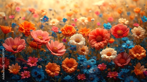  a field full of colorful flowers with a yellow sky in the background and a yellow sky in the middle of the field with a few blue, orange, pink, red, white, and orange, and red flowers.