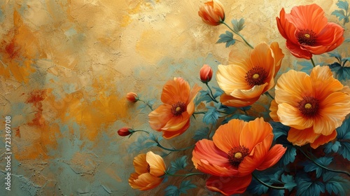  a painting of orange and yellow flowers on a blue and yellow background with green leaves and flowers on the left side of the painting, and the right side of the painting. © Nadia