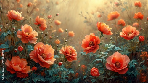  a painting of a field of red flowers with green leaves and a sun shining through the sky in the center of the picture is a field of red flowers with green leaves and orange flowers. © Nadia