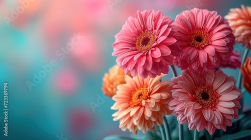  a bunch of pink and orange flowers are in a vase on a blue and pink background with a blurry boke of pink and orange flowers in the foreground.