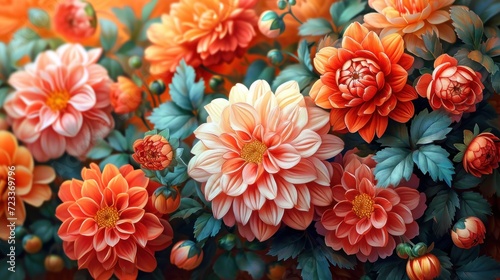  a close up of a bunch of flowers with oranges and pinks in the middle of the petals and green leaves on the top of the petals and bottom of the petals.