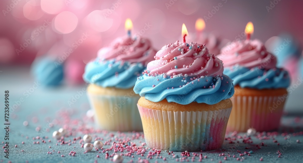 A decadent dessert adorned with vibrant pink and blue frosting, topped with a flickering candle and an array of colorful sprinkles, creating a sweet and celebratory atmosphere for a birthday celebrat