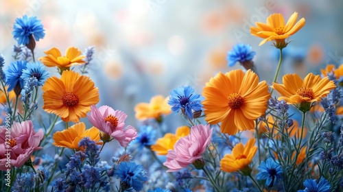  a close up of a bunch of flowers with blue and yellow flowers in front of a blurry background of blue, yellow, and pink flowers in the foreground.