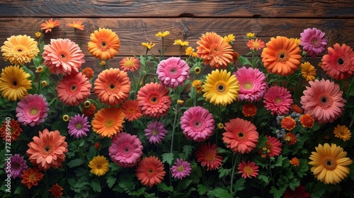  a close up of a bunch of flowers on a wooden surface with leaves and flowers in the foreground and a background of wood planks with planks and planks.