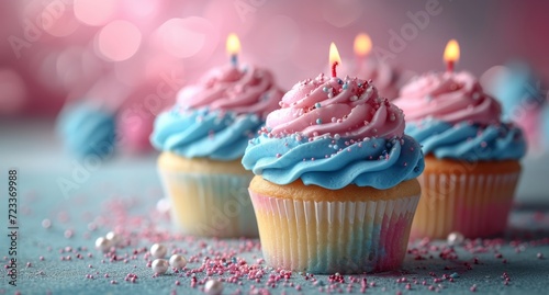 A decadent dessert adorned with vibrant pink and blue frosting, topped with a flickering candle and an array of colorful sprinkles, creating a sweet and celebratory atmosphere for a birthday celebrat