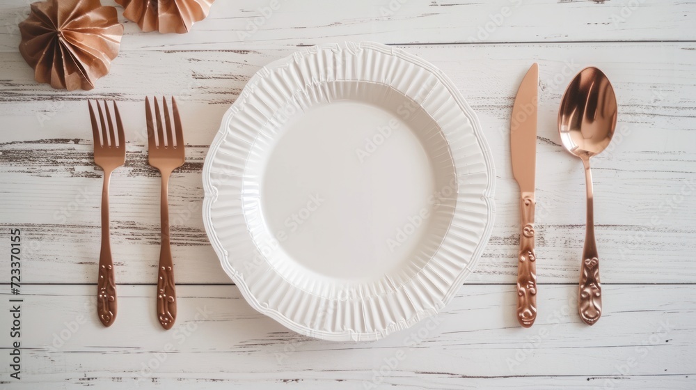a white plate sitting on top of a wooden table next to utensils and a knife and fork on top of a white table cloth covered with brown napkins. a white plate sitting on top of a wooden table next to utensils and a knife and fork on top of a white table cloth covered with brown napkins.