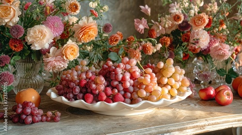  a table topped with a bowl of fruit next to a vase of flowers and a vase filled with oranges and raspberries on top of a wooden table.