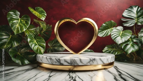 base de mármore para produto com peça em formato de coração dourado, com fundo vermelho e folhagens photo