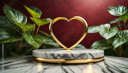 base de mármore com peça em formato de coração dourado, com fundo vermelho e folhagens photo