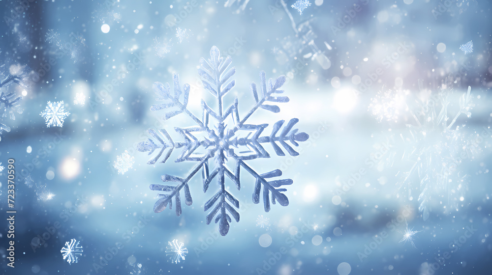 Beautiful winter Christmas glowing background with falling snowflakes, winter background