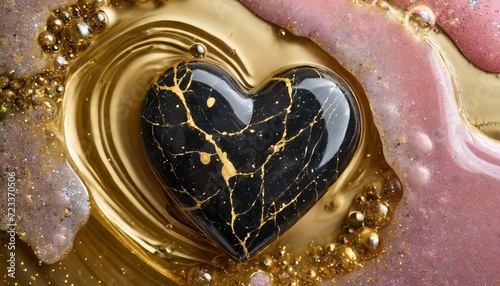 coração de mármore preto de ouro sobre líquido de ouro e espuma rosada