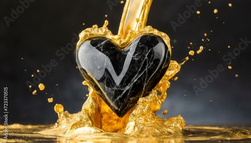 líquido de ouro sendo derramado sobre coração de mármore preto