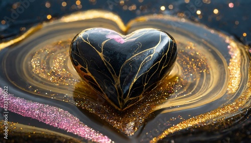 coração de mármore preto de ouro sobre líquido brilhante glitter