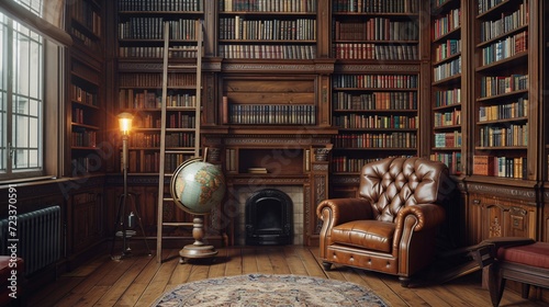 Vintage Library Interior with Leather Armchair and Globe photo