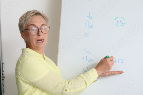 Female teacher writing Engl...