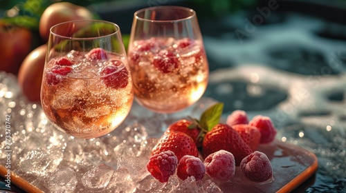  two glasses of wine with ice and strawberries on a tray with apples and pears on a table in front of a bowl of apples and a bowl in the background.